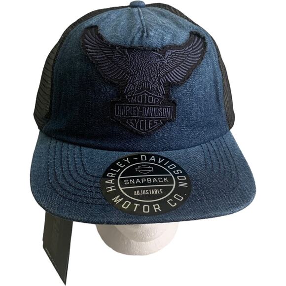 Harley Davidson Denim Trucker Snapback Adjustable Cap Hat Brand New - Picture 1 of 13